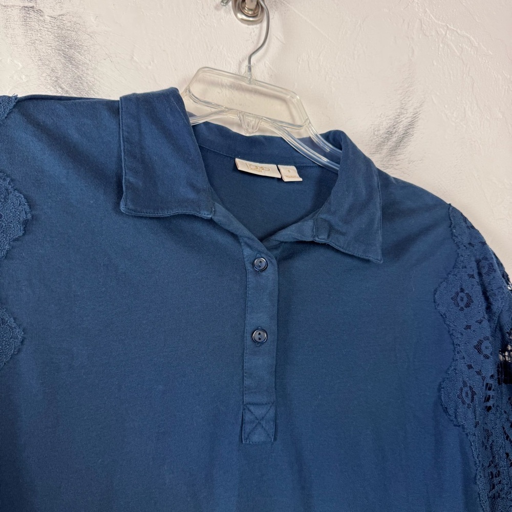 Logo Lavish Lori Goldstein Polo Shirt Knit Top Navy Blue Solid Lace Button Down - Picture 4 of 9